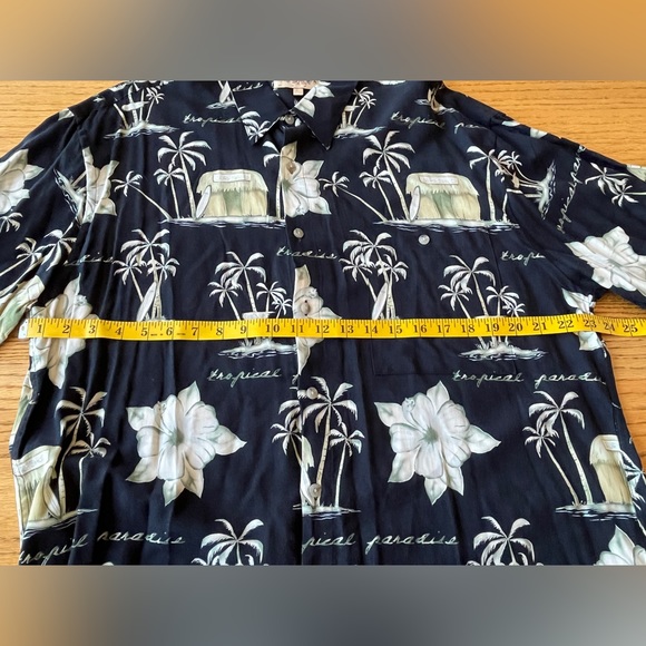 Vtg Campia Moda Hawaiian Camp Shirt Black Tropic Palm Trees Surfboard Tiki Hut L - Picture 6 of 6